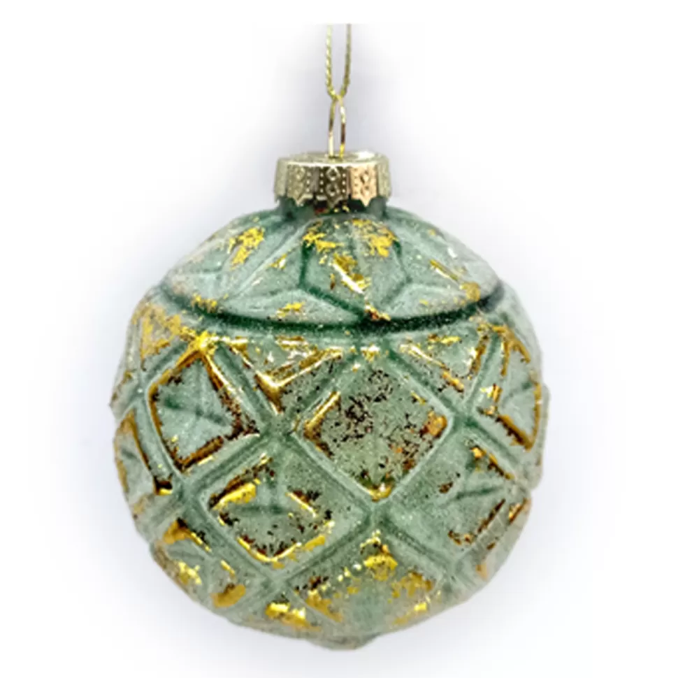 Christmas Forever ORN GLASS BALL 3″ GREEN FROST W/GOLD LEAF FIN. EMBOSSED DIAMOND