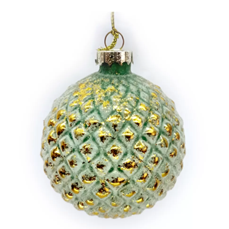 Christmas Forever ORN GLASS BALL 3″ GREEN FROST W/GOLD LEAF FIN EMBOSSED SMALL DIAMOND