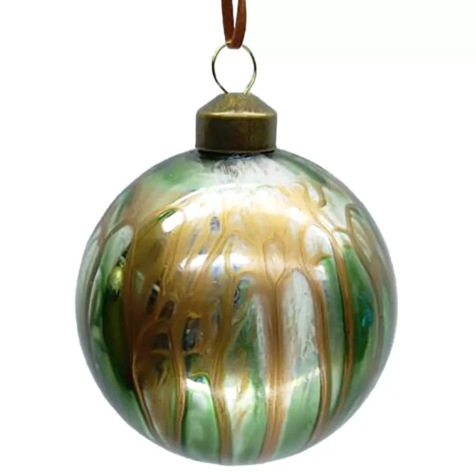 Christmas Forever ORN GLASS BALL 3″ GREEN MARBLE W/ GOLD