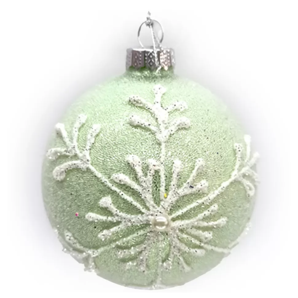 Christmas Forever ORN GLASS BALL 3″ GREEN- MINT FROST GLITTER W/ WHITE SNOWFLAKE & PEARL