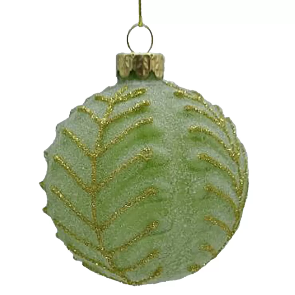 Christmas Forever ORN GLASS BALL 3″ GREEN MINT LEAF W/ FROST & GLITTER