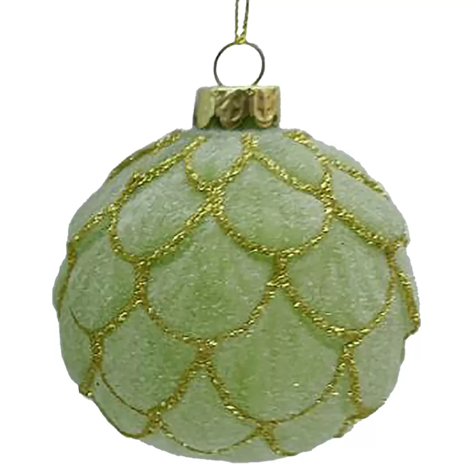 Christmas Forever ORN GLASS BALL 3″ GREEN MINT SCALLOPED W/ FROST & GLITTER