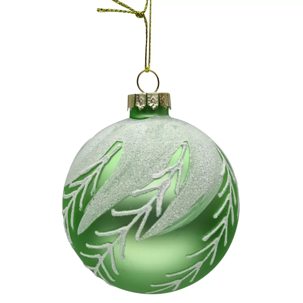 Christmas Forever ORN GLASS BALL 3″ GREEN-SAGE MATTE W/ WHITE ICE BRANCH