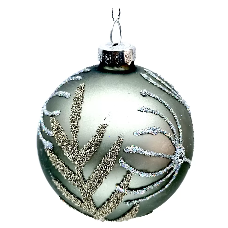 Christmas Forever ORN GLASS BALL 3″ GREY MATTE W/ GLITTER LEAF