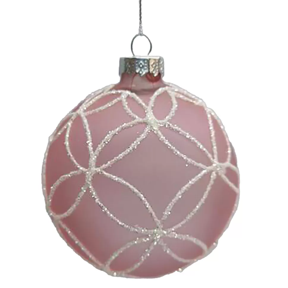 Christmas Forever ORN GLASS BALL 3″ PINF FROST FLORAL W/ WHITE GLITTER