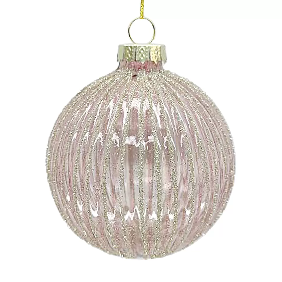 Christmas Forever ORN GLASS BALL 3″ PINK CLEAR MELON W/ GOLD GLITTER