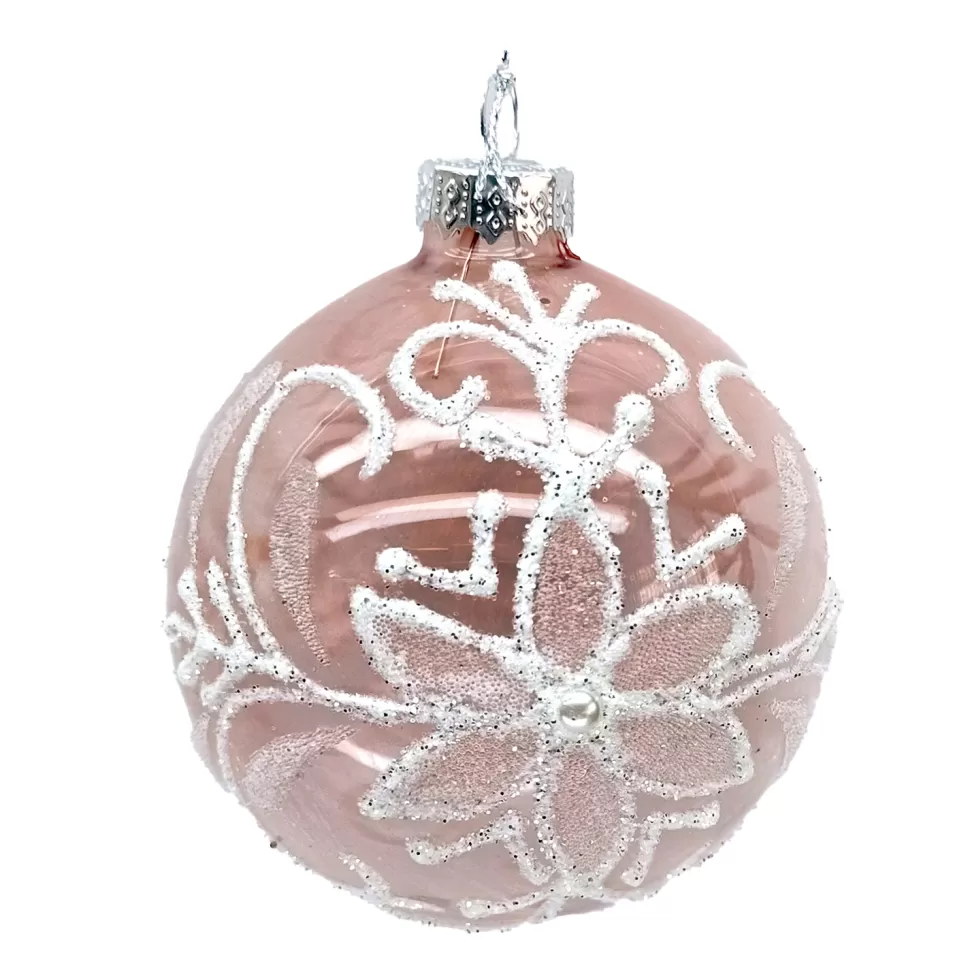 Christmas Forever ORN GLASS BALL 3″ PINK- CLEAR W/ FLORAL GLITTER PATTERN WITH BEADS