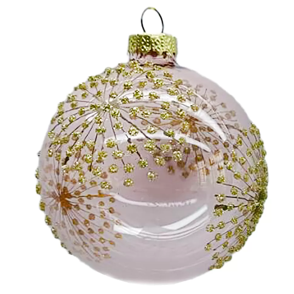 Christmas Forever ORN GLASS BALL 3″ PINK CLEAR W/ GOLD GLITTER