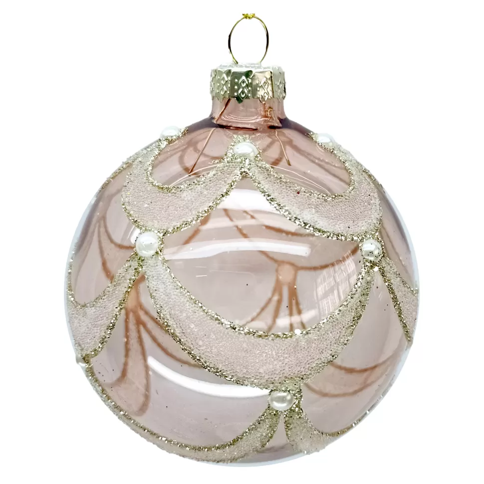Christmas Forever ORN GLASS BALL 3″ PINK- CLEAR W/ SCALLOP GLITTER PATTERN