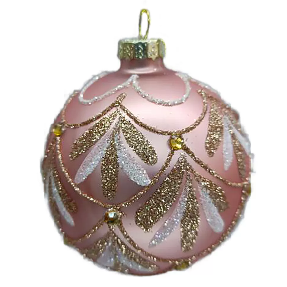 Christmas Forever ORN GLASS BALL 3″ PINK MATT SCALLOP W/ GOLD/WHITE GLITTER