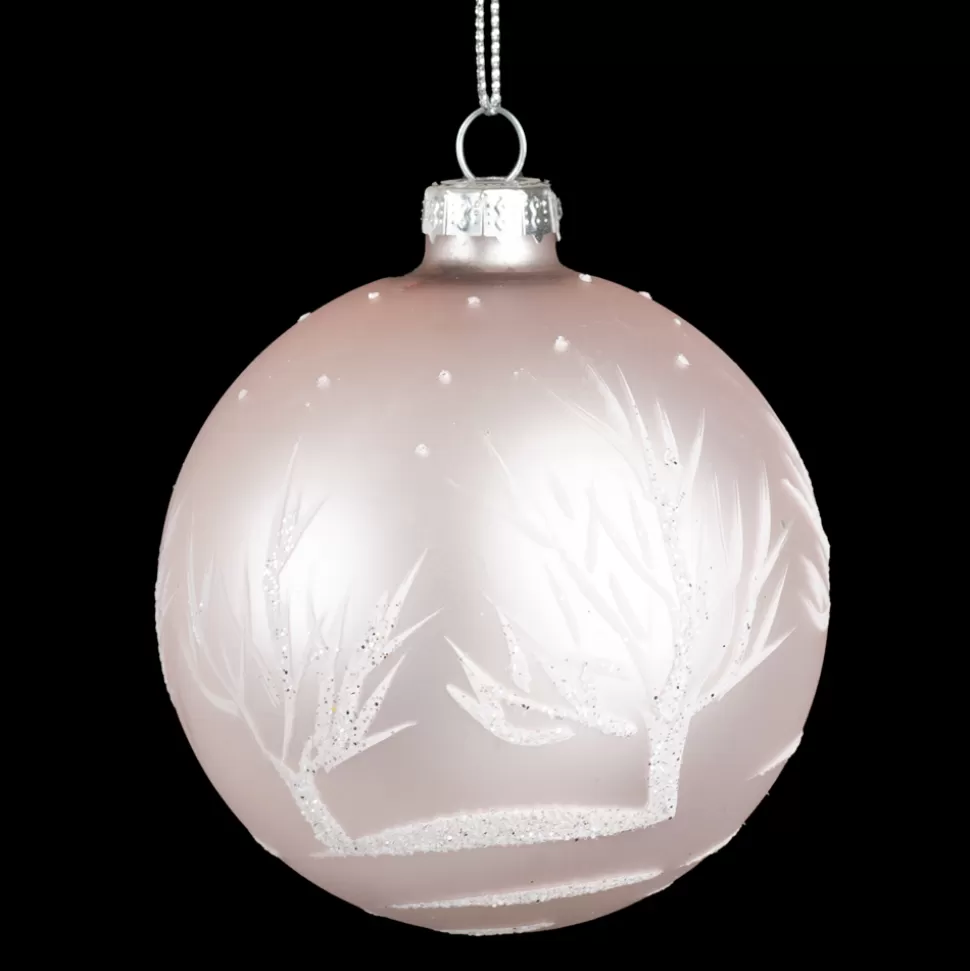 Christmas Forever ORN GLASS BALL 3″ PINK- PEARL W/WHITE TREE DESIGN