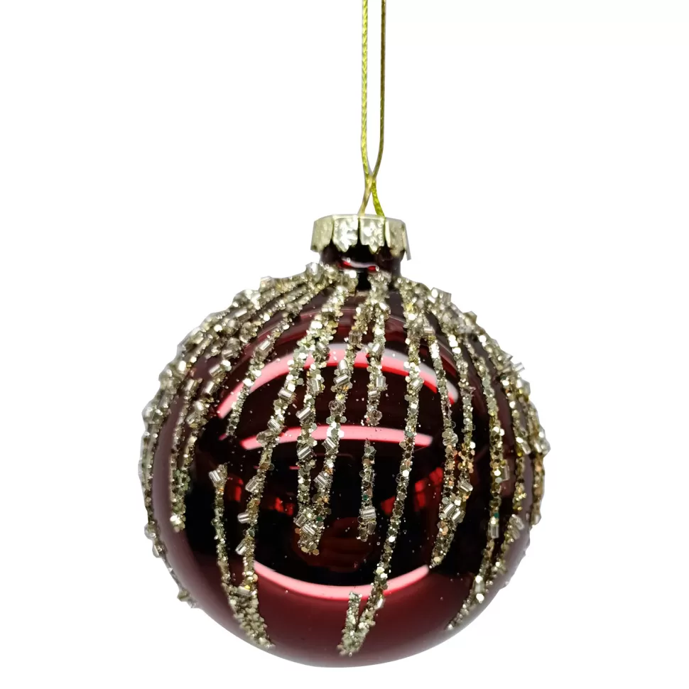 Christmas Forever ORN GLASS BALL 3″ RED- BURGUNDY SHINY W/CHAMPAGE ICICLES