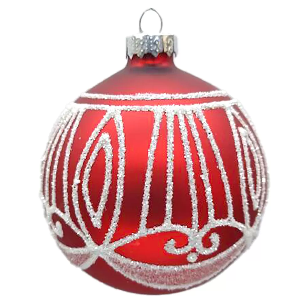 Christmas Forever ORN GLASS BALL 3″ RED MATT SCALLOP W/ WHITE GLITTER