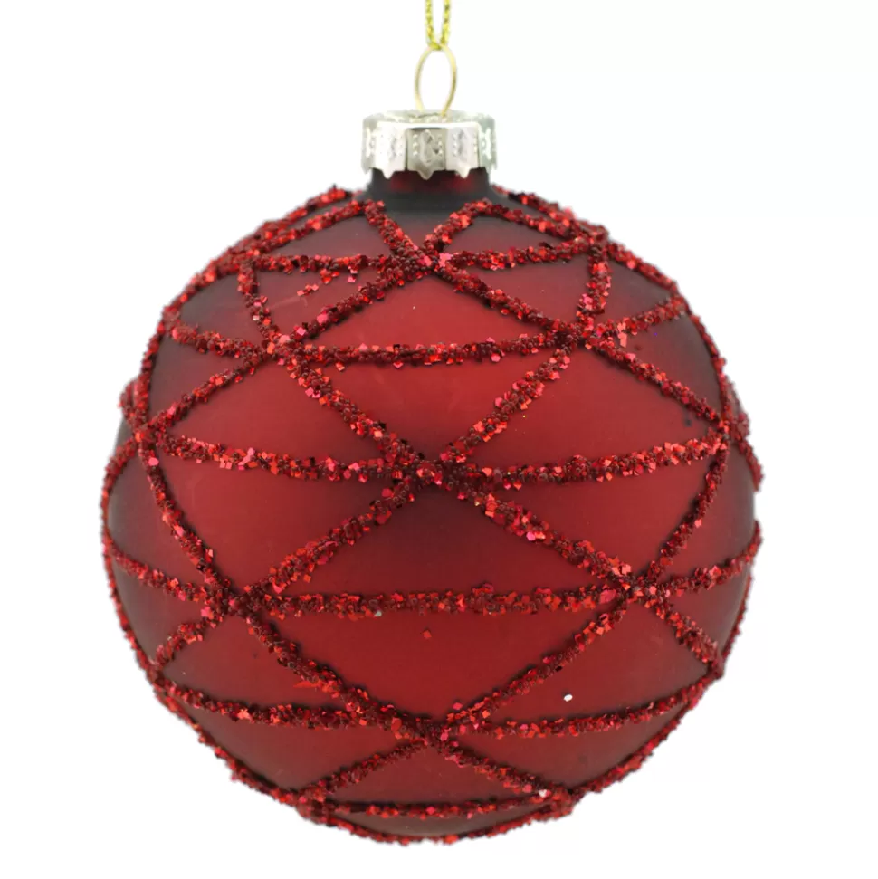 Christmas Forever ORN GLASS BALL 3″ RED MATTE W/ GLTR TRIANGLE PATT