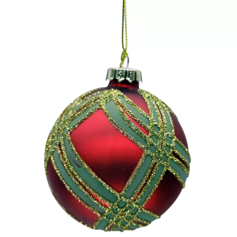 Christmas Forever ORN GLASS BALL 3″ RED MATTE W/ GREEN & GOLD RIBBON PATERN