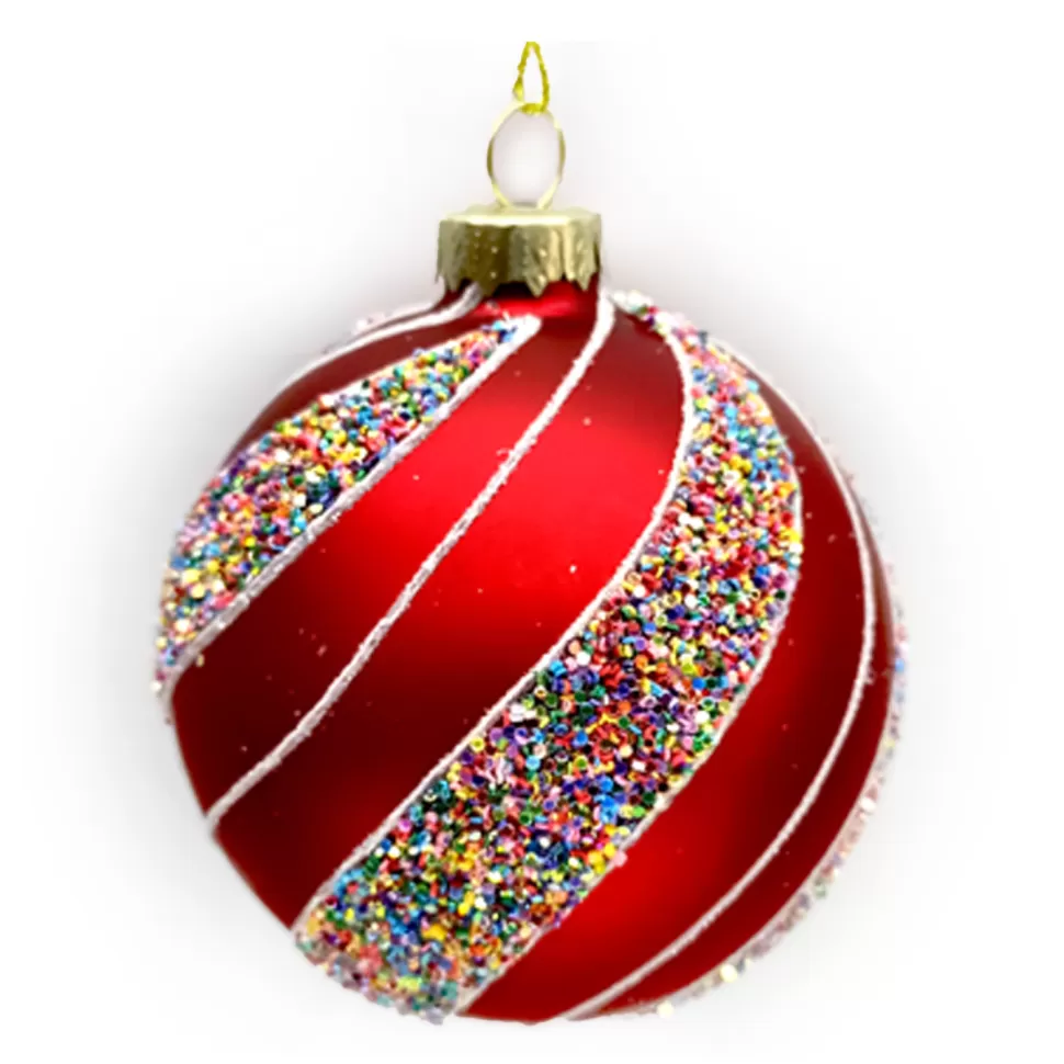 Christmas Forever ORN GLASS BALL 3″ RED MATTE W/ SPIRAL CANDY GLITTER & SEQUINS