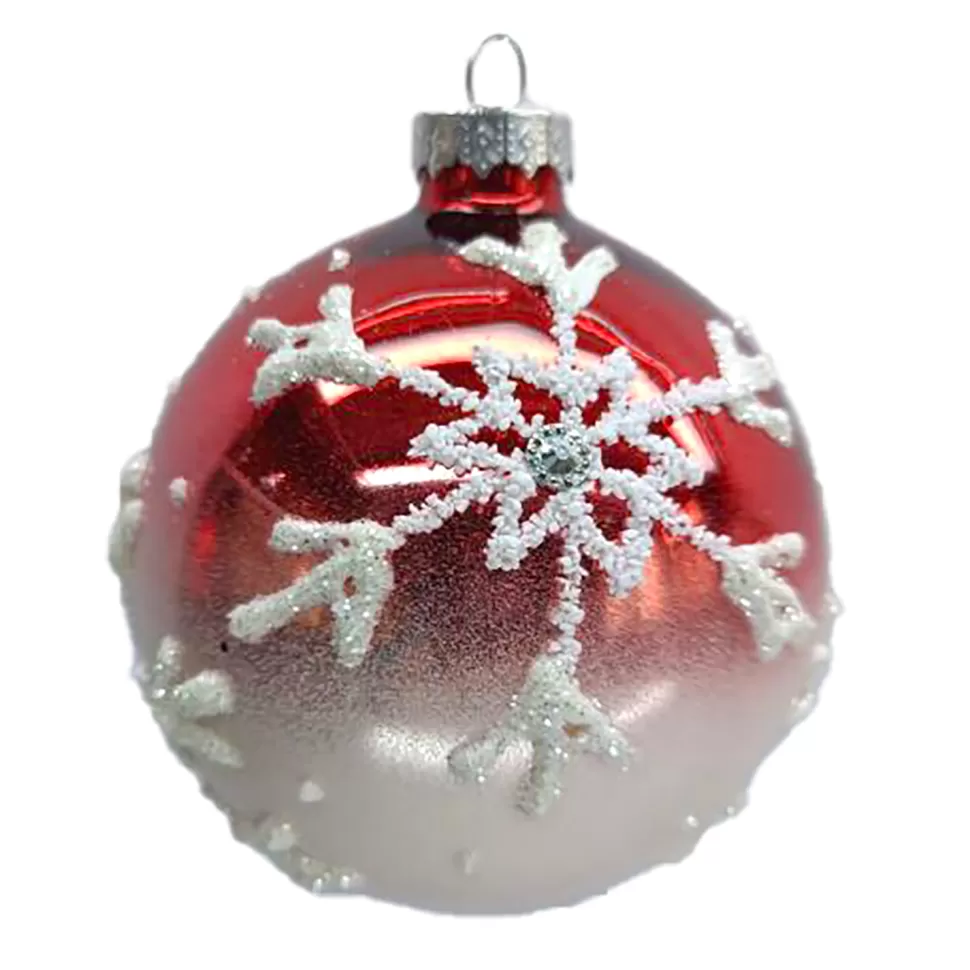 Christmas Forever ORN GLASS BALL 3″ RED SHINY/WHITE SNOWFLAKE W/ GLITTER