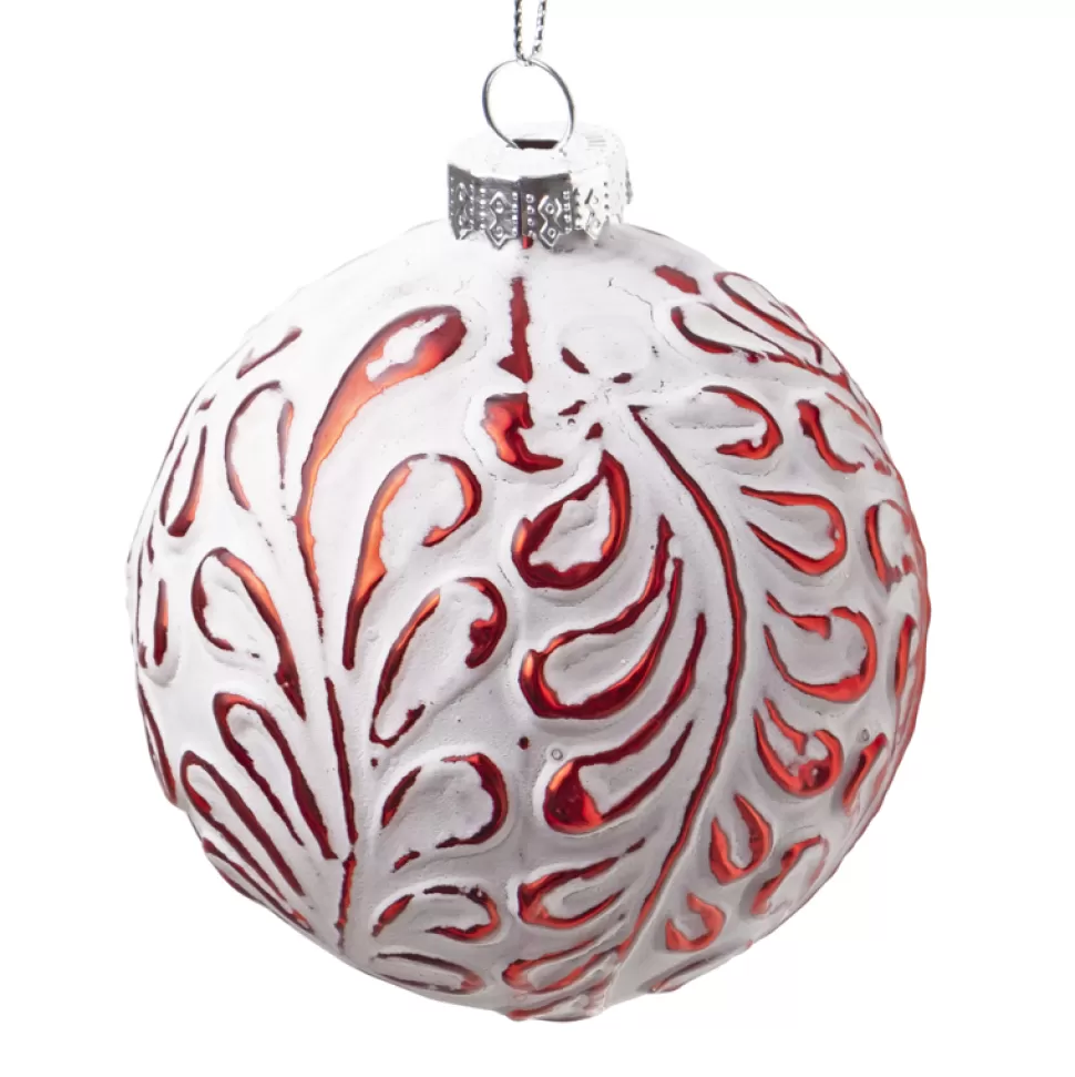 Christmas Forever ORN GLASS BALL 3″ RED W/ WHITE LEAF PATTERN