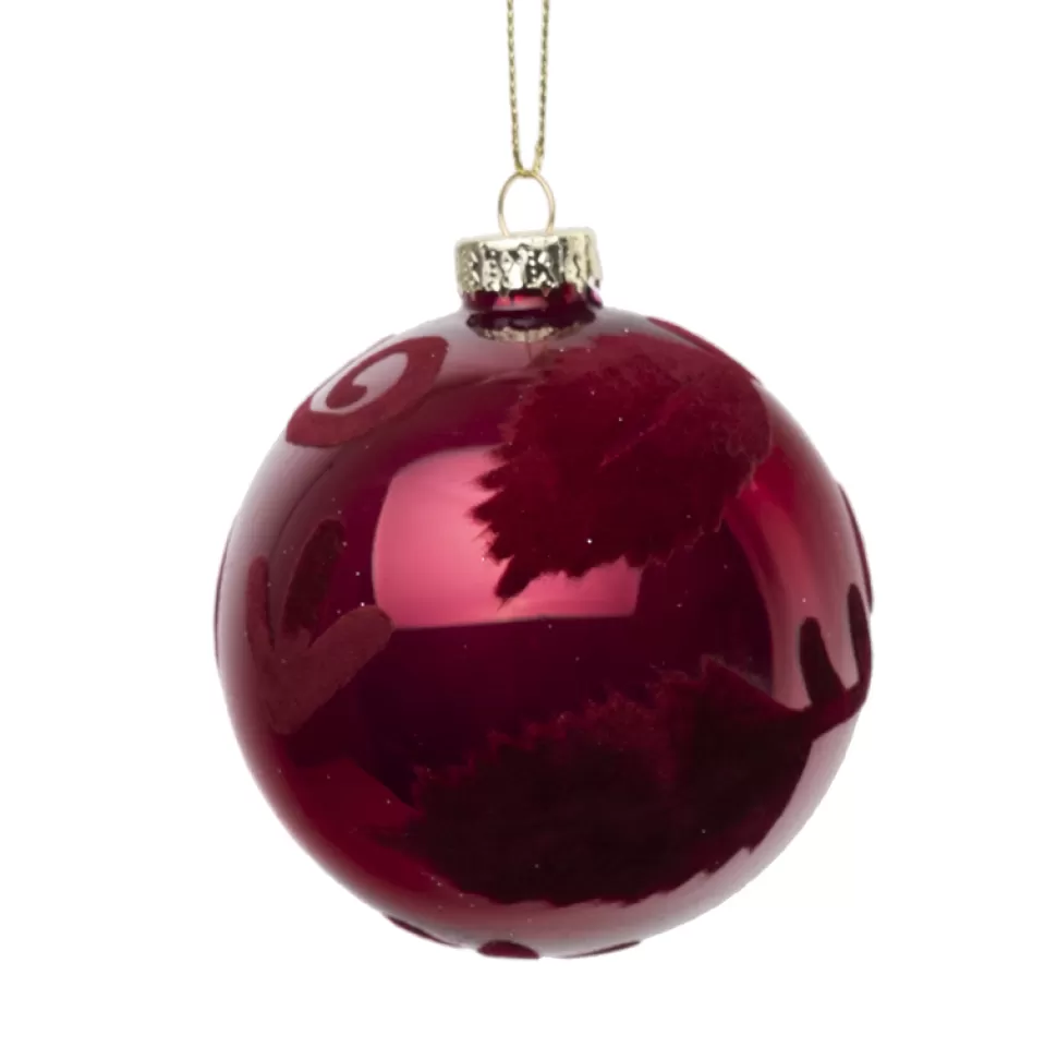 Christmas Forever ORN GLASS BALL 3″ RED-BURGUNDY SHINY W/ FLOCKED SWIRL PATTERN