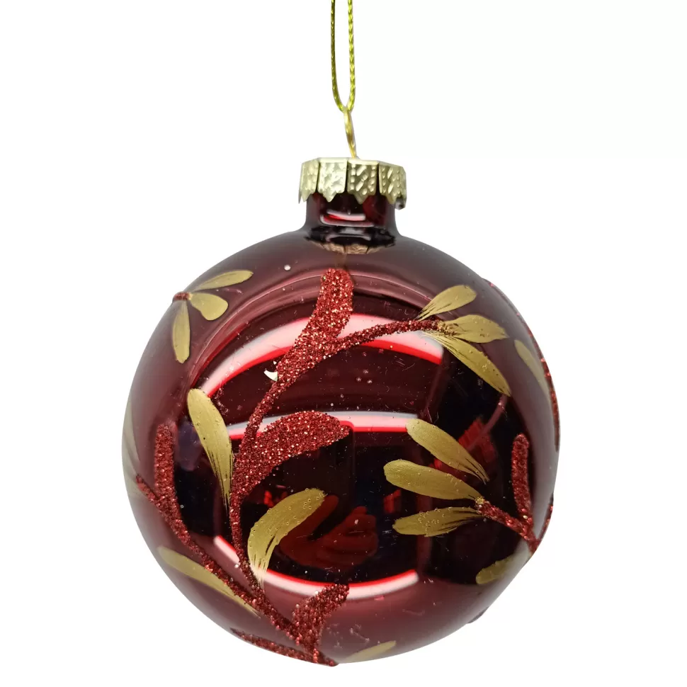 Christmas Forever ORN GLASS BALL 3″ RED-BURGUNDY SHINY W/GOLD LEAVES
