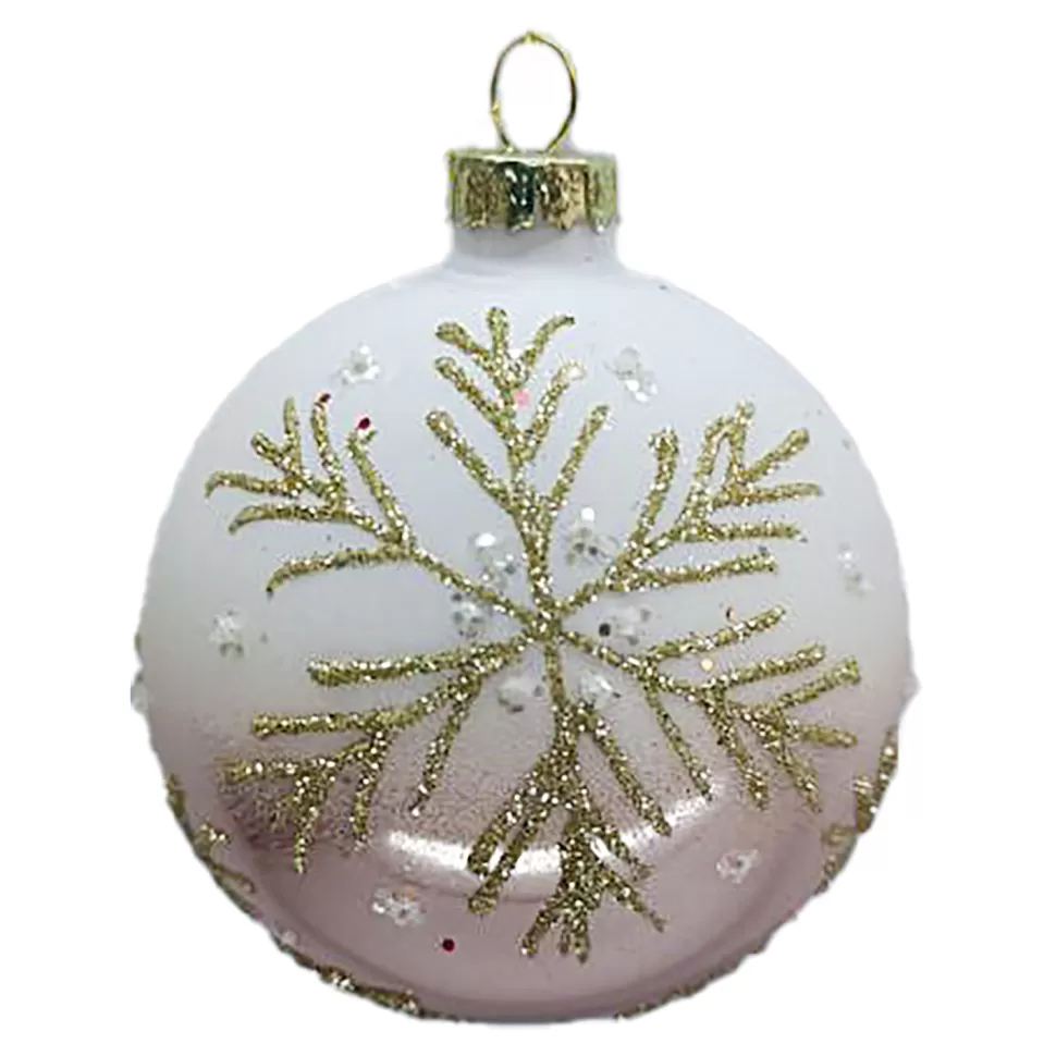 Christmas Forever ORN GLASS BALL 3″ ROSE GOLD SHINY/WHITE W/ GOLD SNOWFLAKE