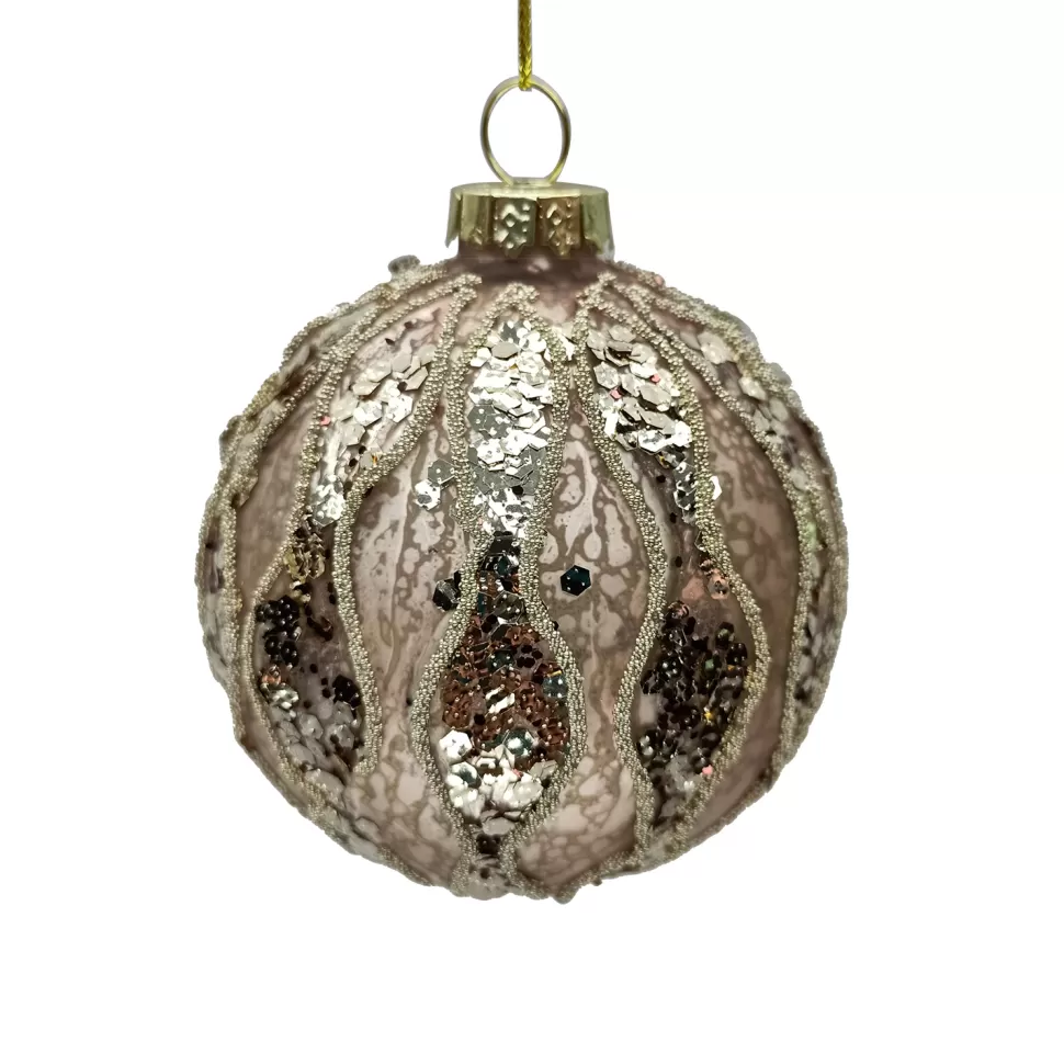 Christmas Forever ORN GLASS BALL 3″ ROSE GOLD W/CHAMP WAVE PATTERN