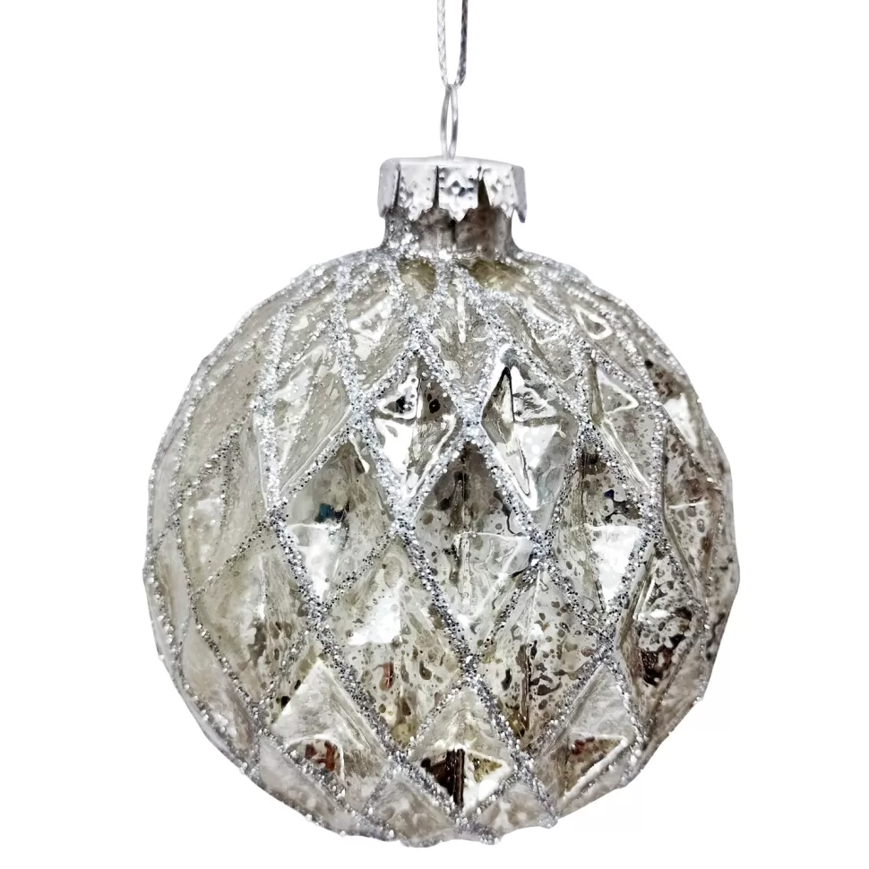 Christmas Forever ORN GLASS BALL 3″ SILVER ANTIQUE DIAMOND PATTERN