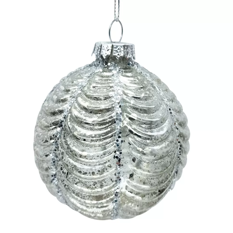 Christmas Forever ORN GLASS BALL 3″ SILVER ANTIQUE SCALLOPED PATTERN