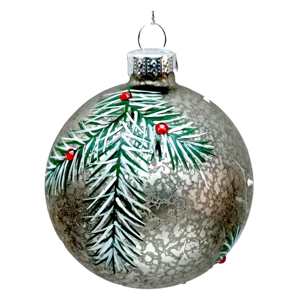 Christmas Forever ORN GLASS BALL 3″ SILVER ANTIQUE W/ PAINTED PINE WITH RED BEERT BEADS
