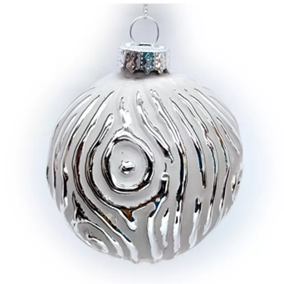 Christmas Forever ORN GLASS BALL 3″ SILVER EMBOSSED BIRCH W/ GRAY PAINT FINISH