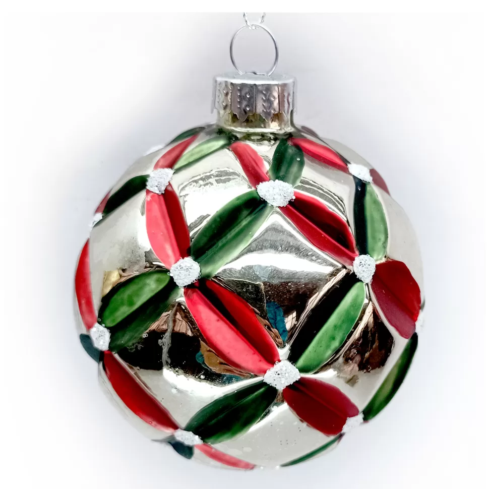 Christmas Forever ORN GLASS BALL 3″ SILVER EMBOSSED RED & GRREN NET PATTERN