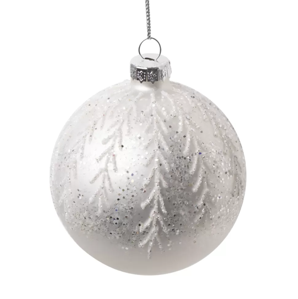 Christmas Forever ORN GLASS BALL 3″ SILVER FROST W/ PARTIAL WHITE GLTR LEAVES