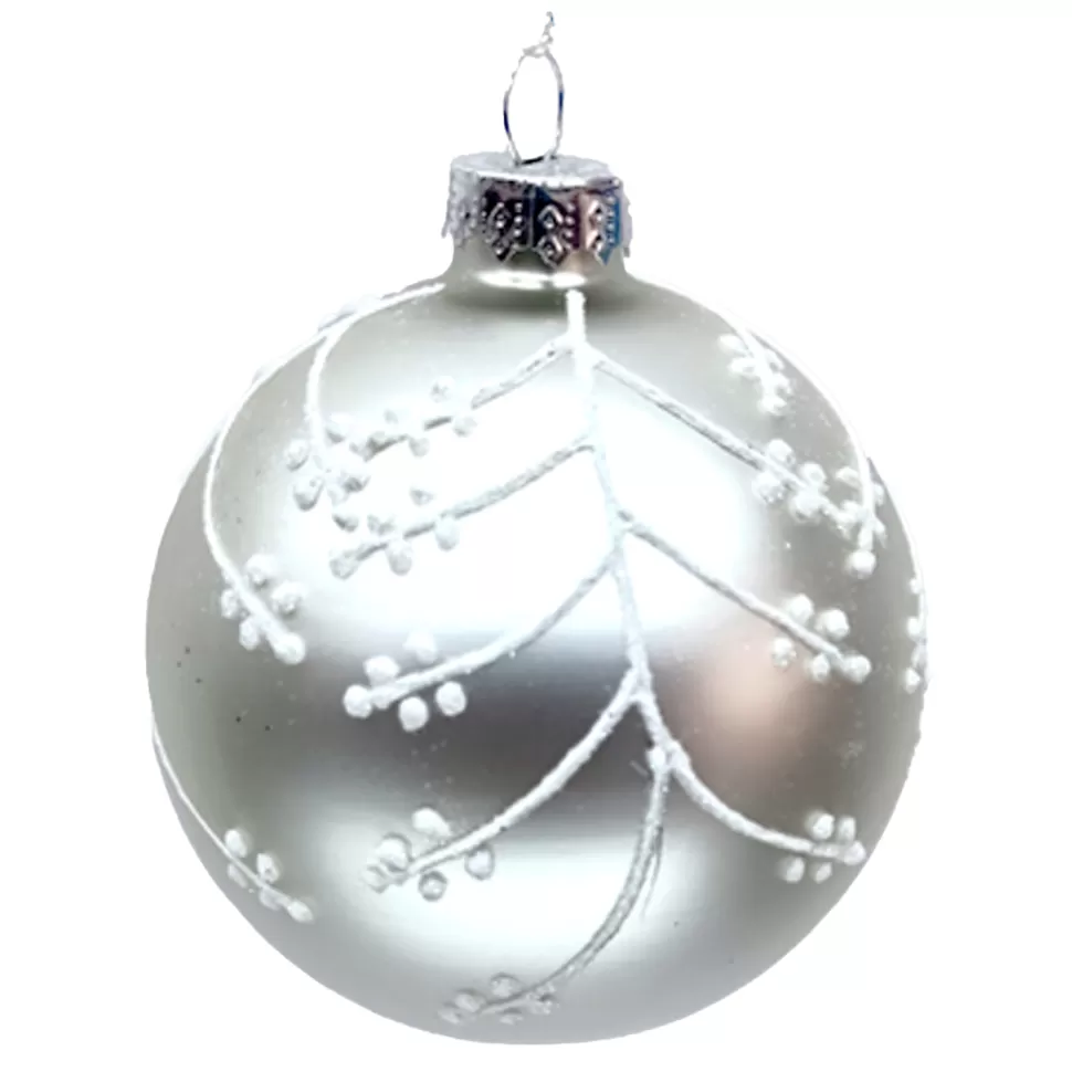 Christmas Forever ORN GLASS BALL 3″ SILVER MATTE W/ WHITE GLITTER & BERRIES