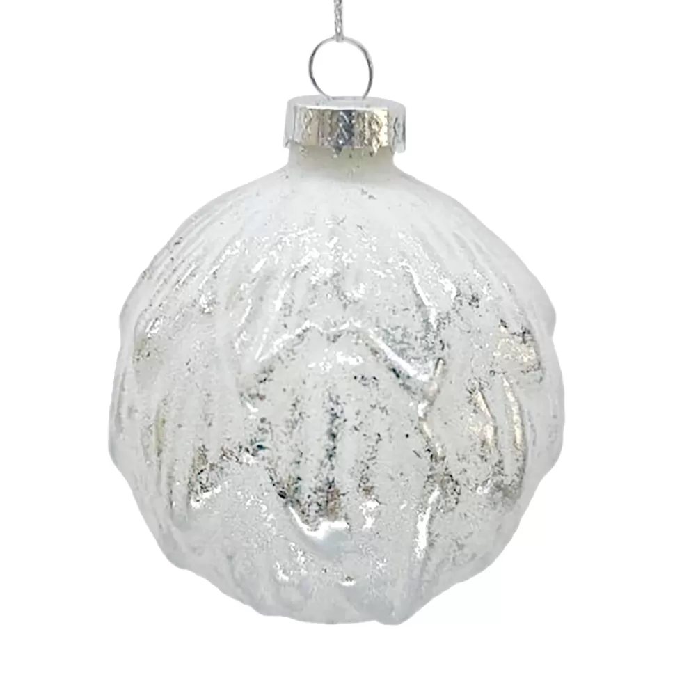 Christmas Forever ORN GLASS BALL 3″ SILVER W/ WHITE LEAF PATTERN