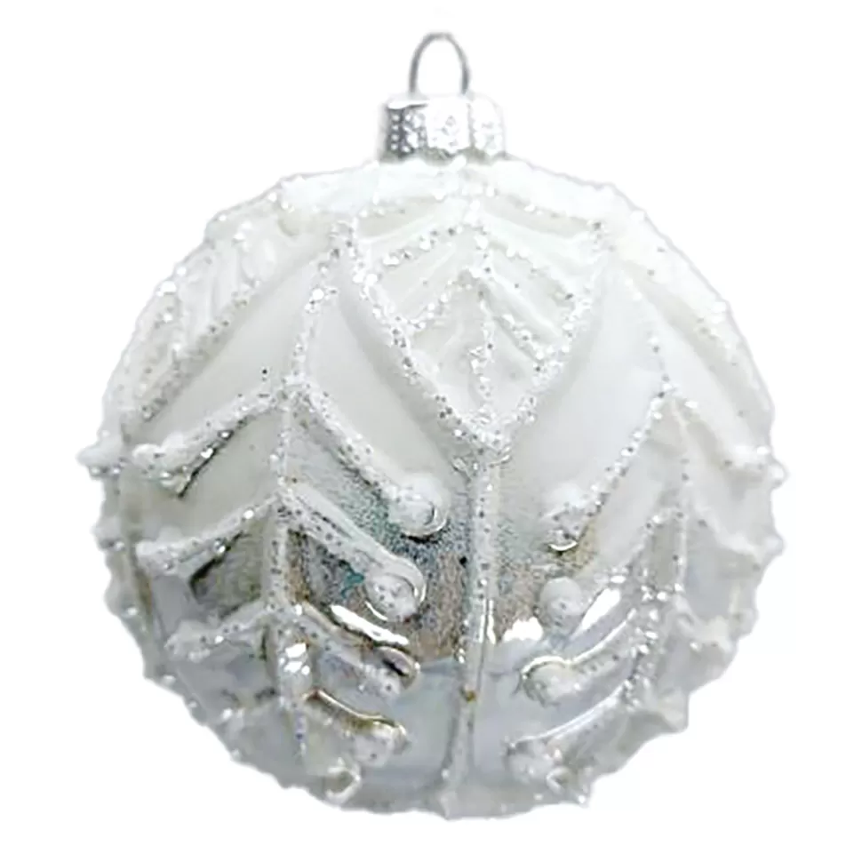 Christmas Forever ORN GLASS BALL 3″ SILVER/WHITE LEAF W/ WHITE GLITTER