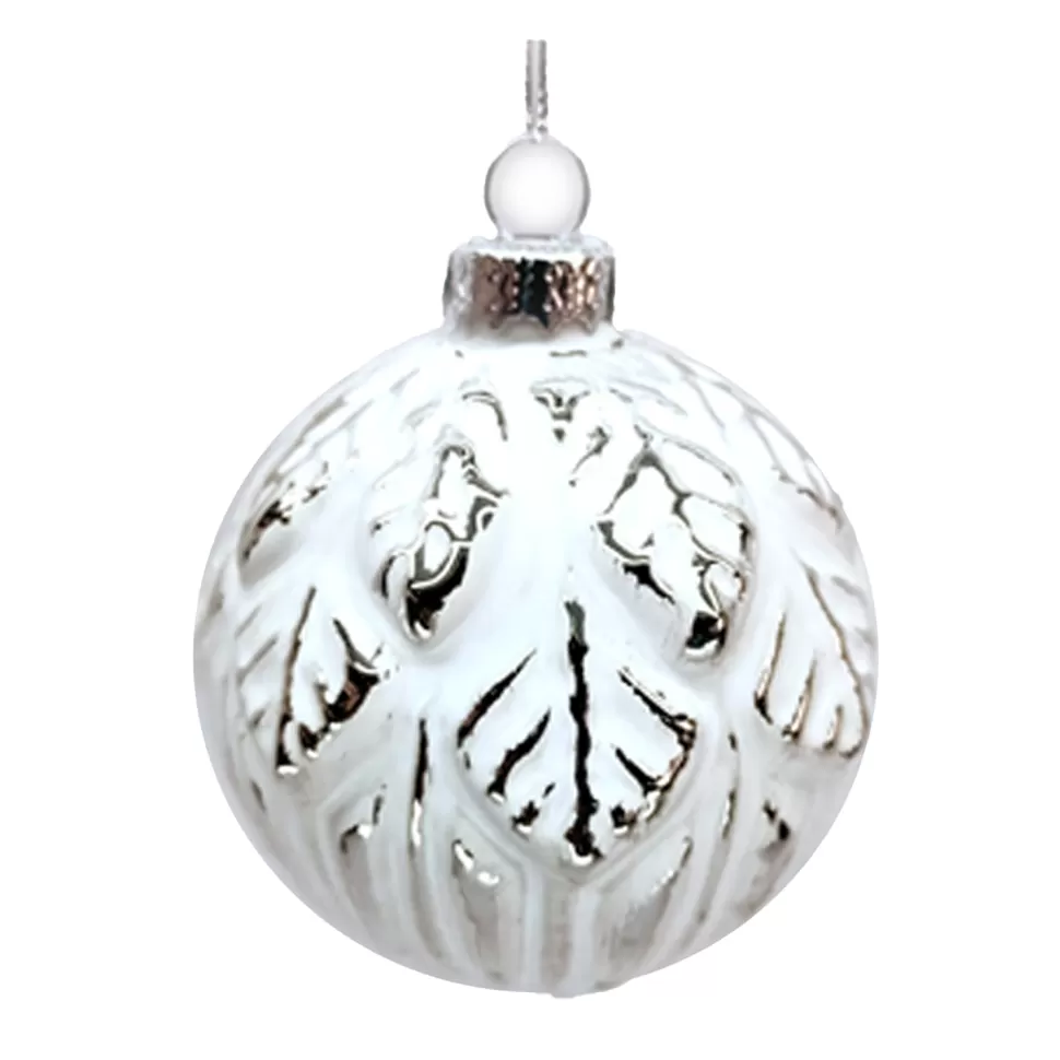 Christmas Forever ORN GLASS BALL 3″ WHITE EMBOSSED LEAF W/ WHITE PAINT