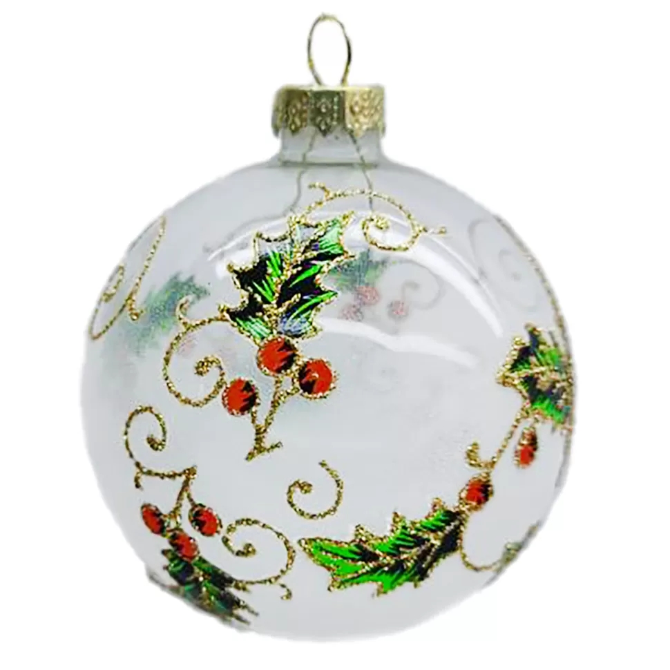 Christmas Forever ORN GLASS BALL 3″ WHITE FROST W/ HOLY DESIGN