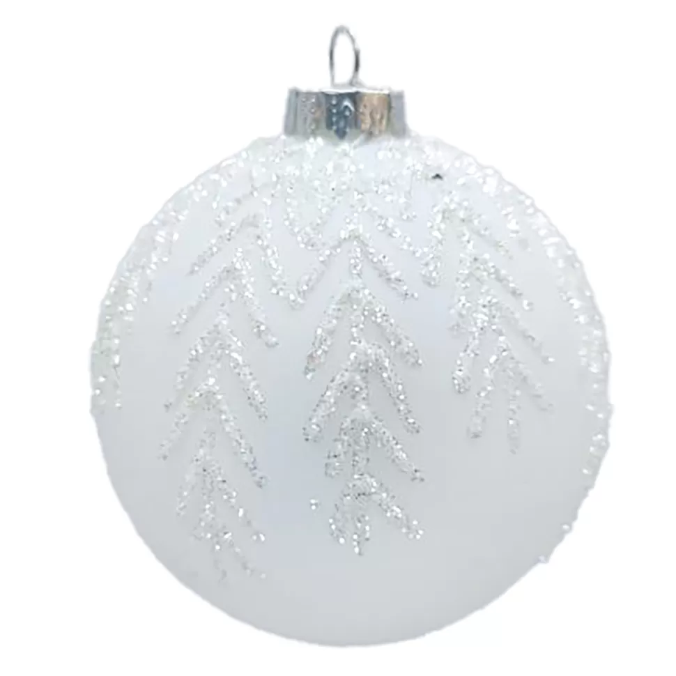 Christmas Forever ORN GLASS BALL 3″ WHITE MATT FROST LEAF W/ GLITTER