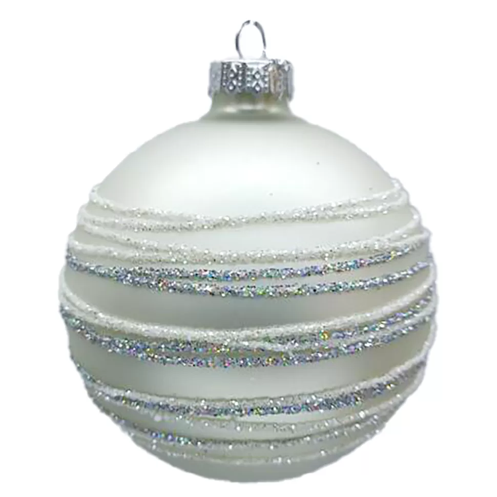 Christmas Forever ORN GLASS BALL 3″ WHITE MATT RING W/ WHITE/SILVER GLITTER