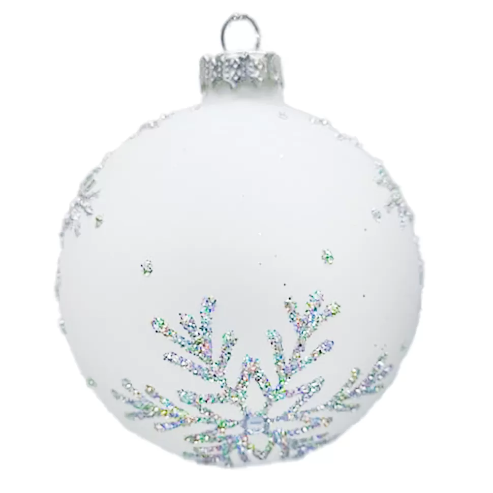 Christmas Forever ORN GLASS BALL 3″ WHITE MATT SNOWFLAKE W/ SILVER GLITTER