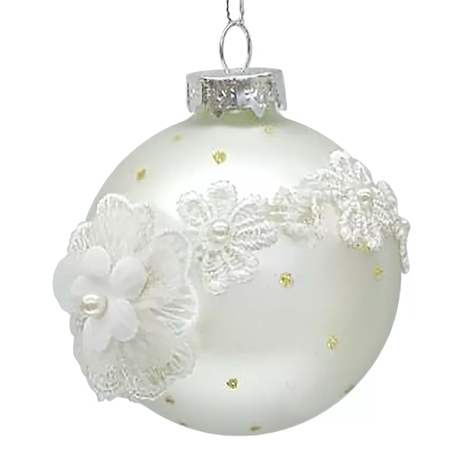 Christmas Forever ORN GLASS BALL 3″ WHITE MATT W/ LACE FLORAL