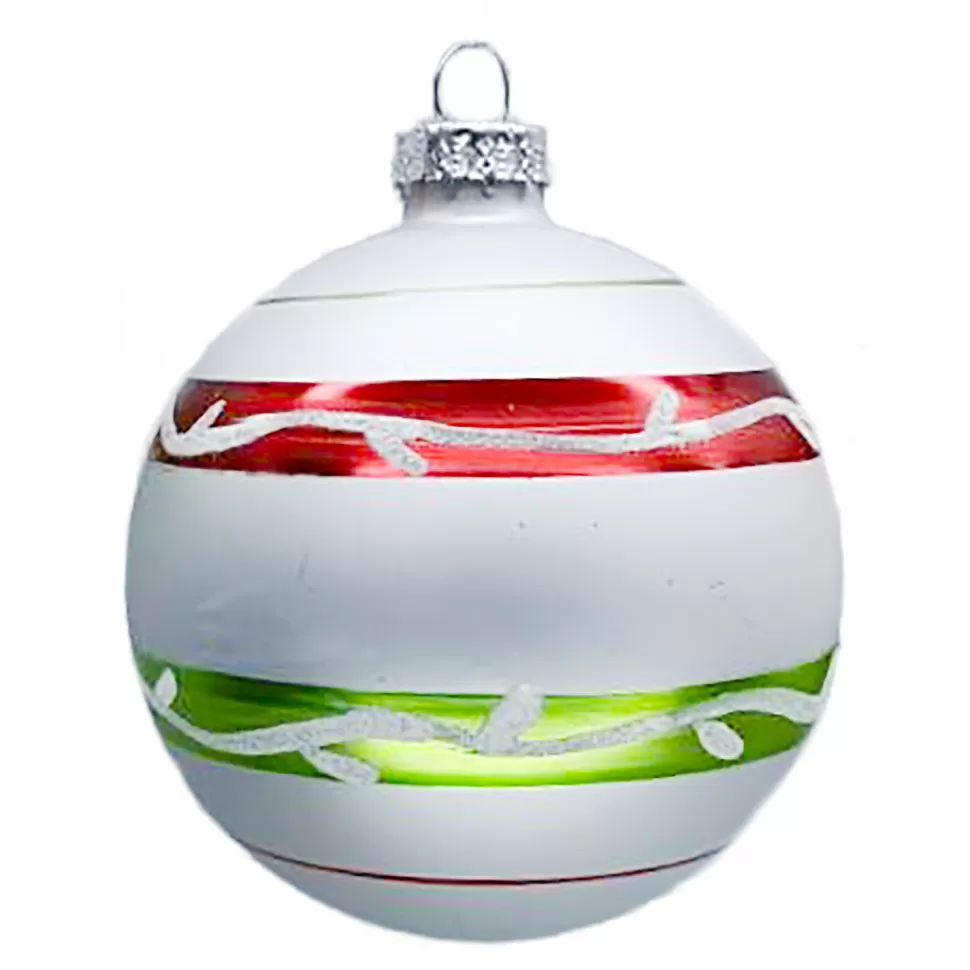 Christmas Forever ORN GLASS BALL 3″ WHITE MATT W/ RED/GREEN LINE