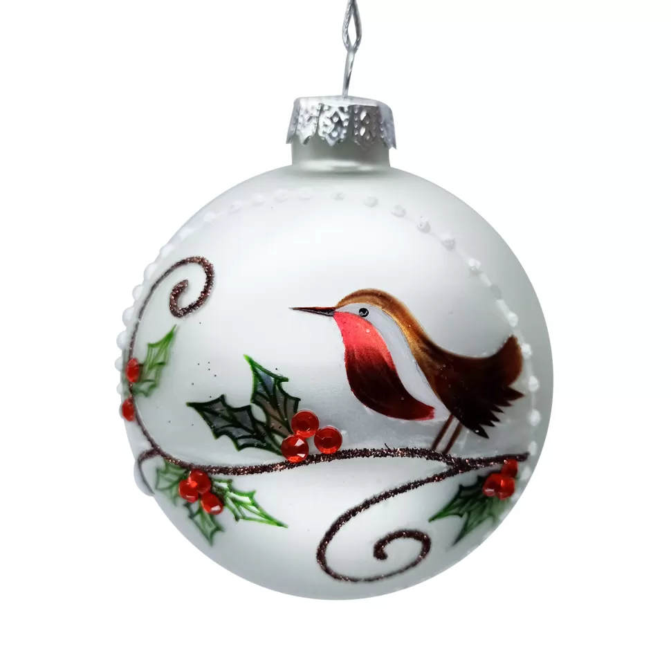 Christmas Forever ORN GLASS BALL 3″ WHITE MATTE W/ PAINTED BIRD