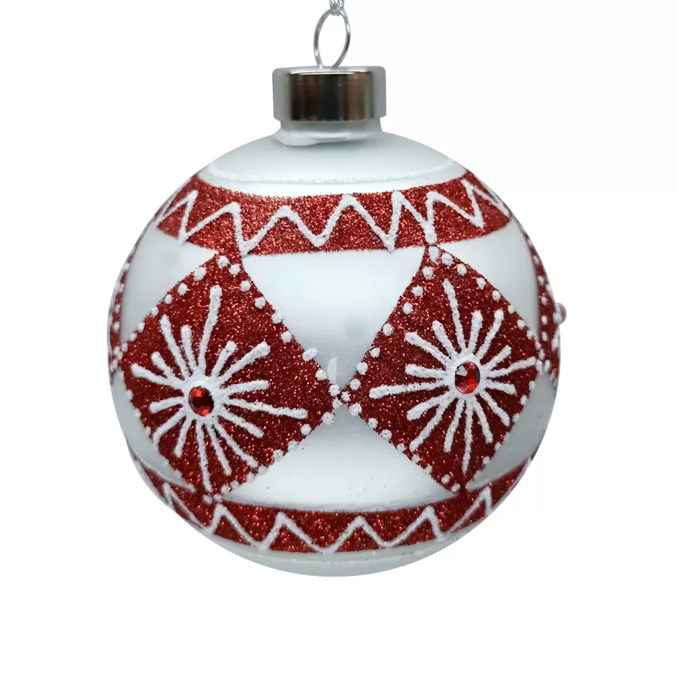 Christmas Forever ORN GLASS BALL 3″ WHITE- MATTE W /RED DIAMOND SNOWFLAKE