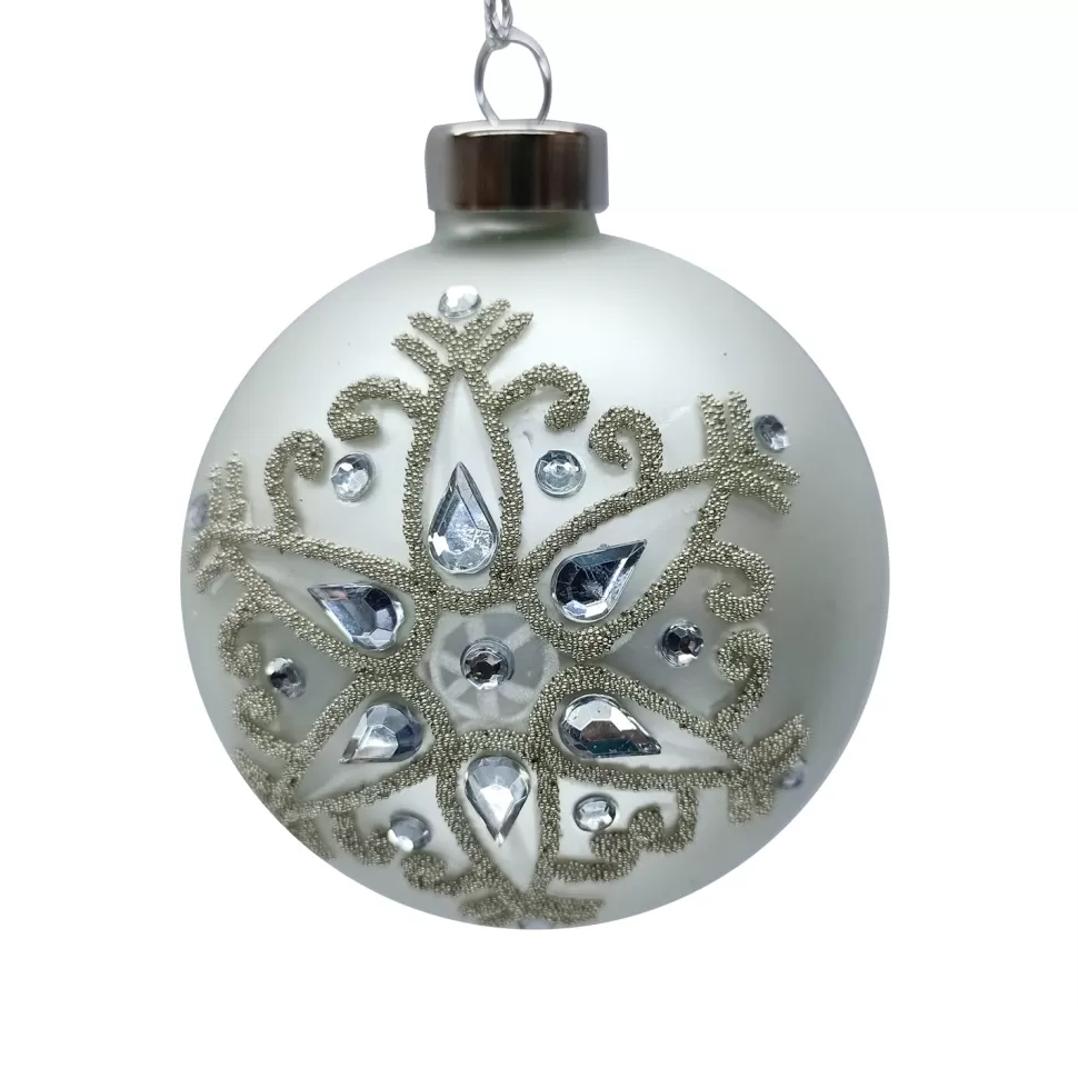 Christmas Forever ORN GLASS BALL 3″ WHITE- MATTE W/ SNOWFLAKE & JEWELS
