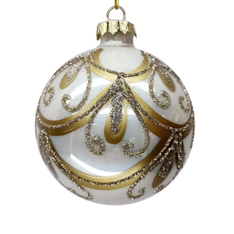 Christmas Forever ORN GLASS BALL 3″ WHITE PEARL W/GOLDEN SWAG PATTERN