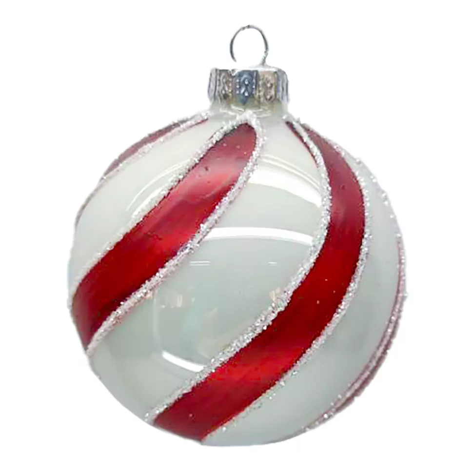 Christmas Forever ORN GLASS BALL 3″ WHITE SHINY RED SWIRL W/ GLITTER