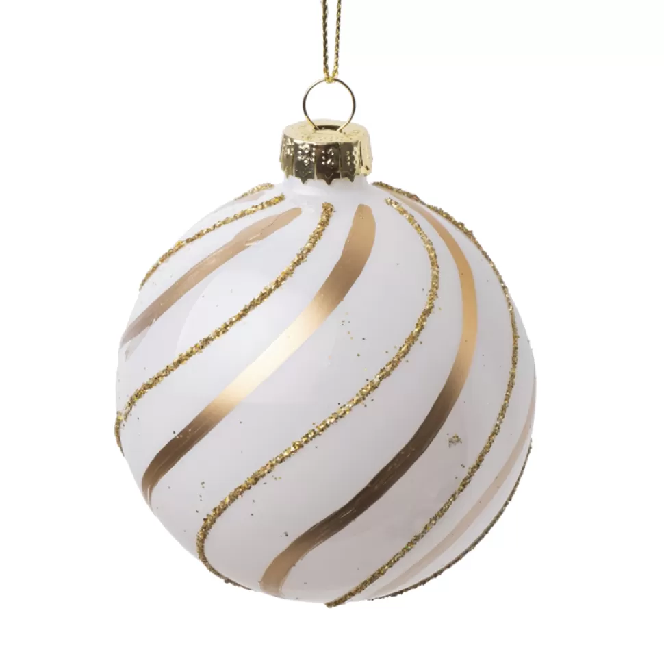Christmas Forever ORN GLASS BALL 3″ WHITE SHINY W/ GOLD MATT & SHIMMER SWIRLS