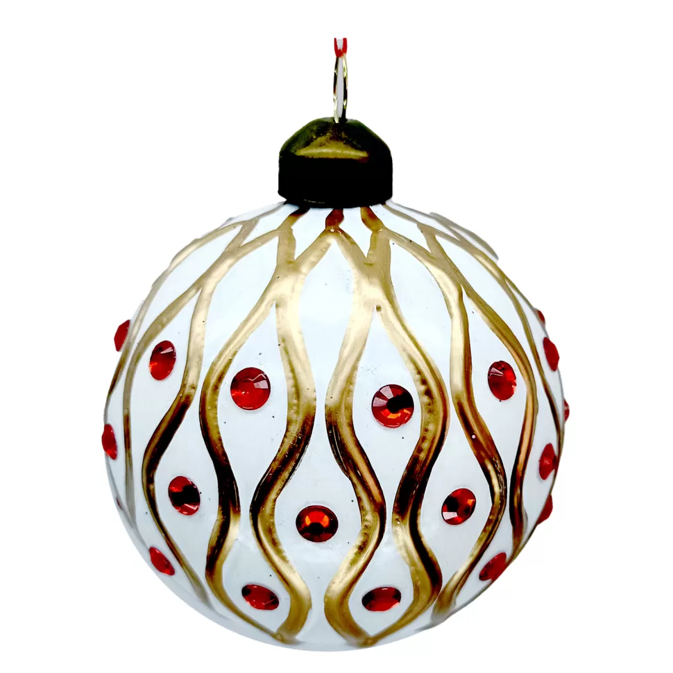 Christmas Forever ORN GLASS BALL 3″ WHITE W/ GLITTER RED JEWEL DOT PATTERN