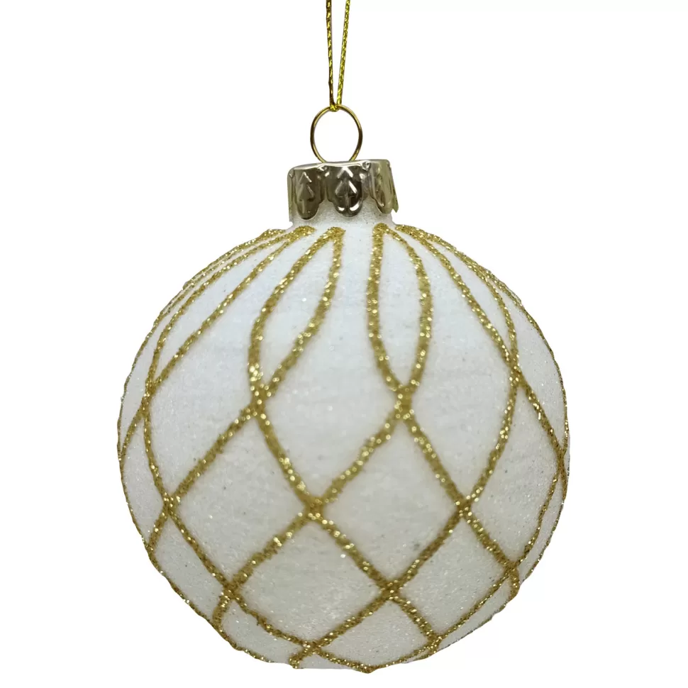 Christmas Forever ORN GLASS BALL 3″ WHITE W/ GOLD DIAMOND GLITTER